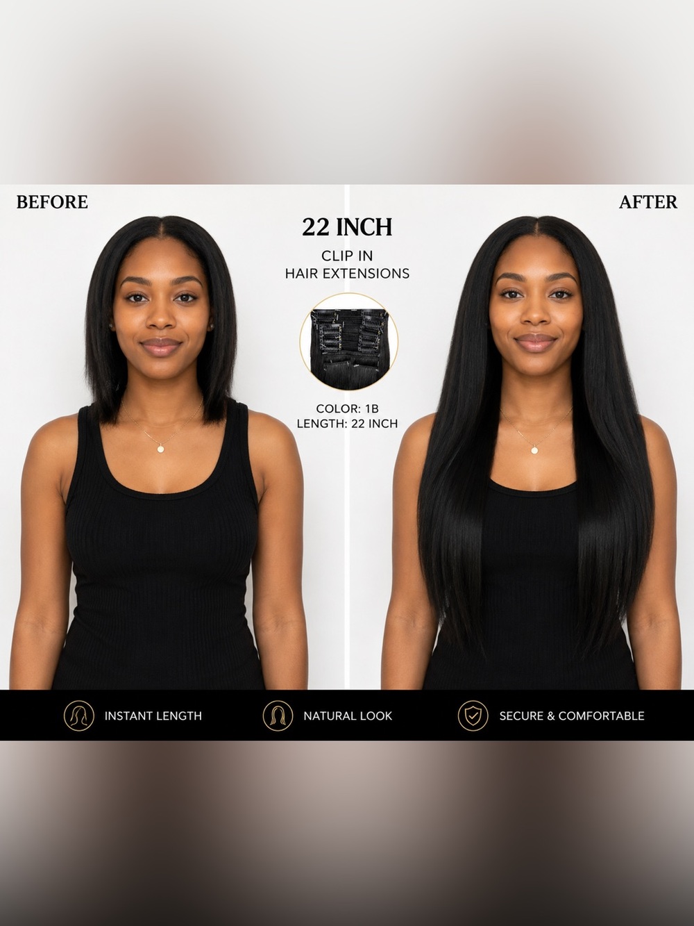 Clip-In Human Hair Blend Extensions 22" - 1B Natural Black - Picture 2 of 5